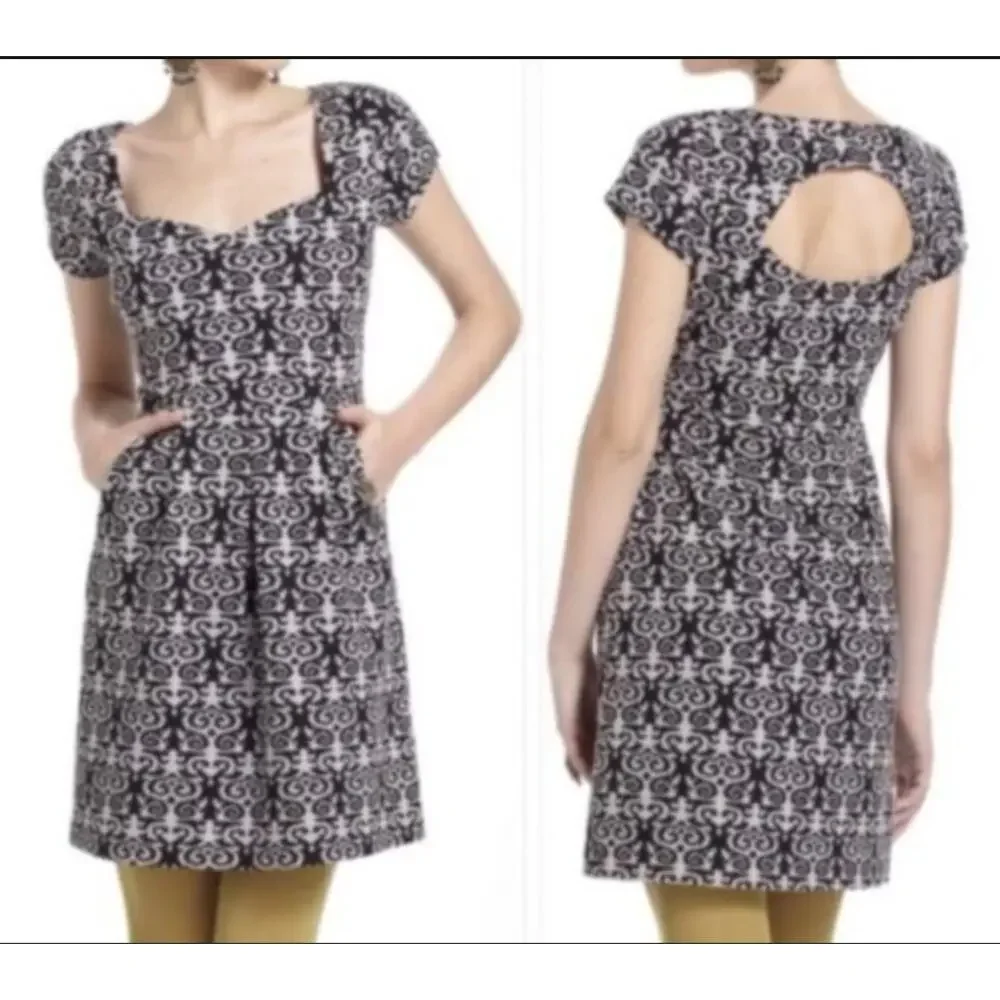 Anthropologie Deletta Quilted Calendolia Dress S Small Black Floral Swirl Print